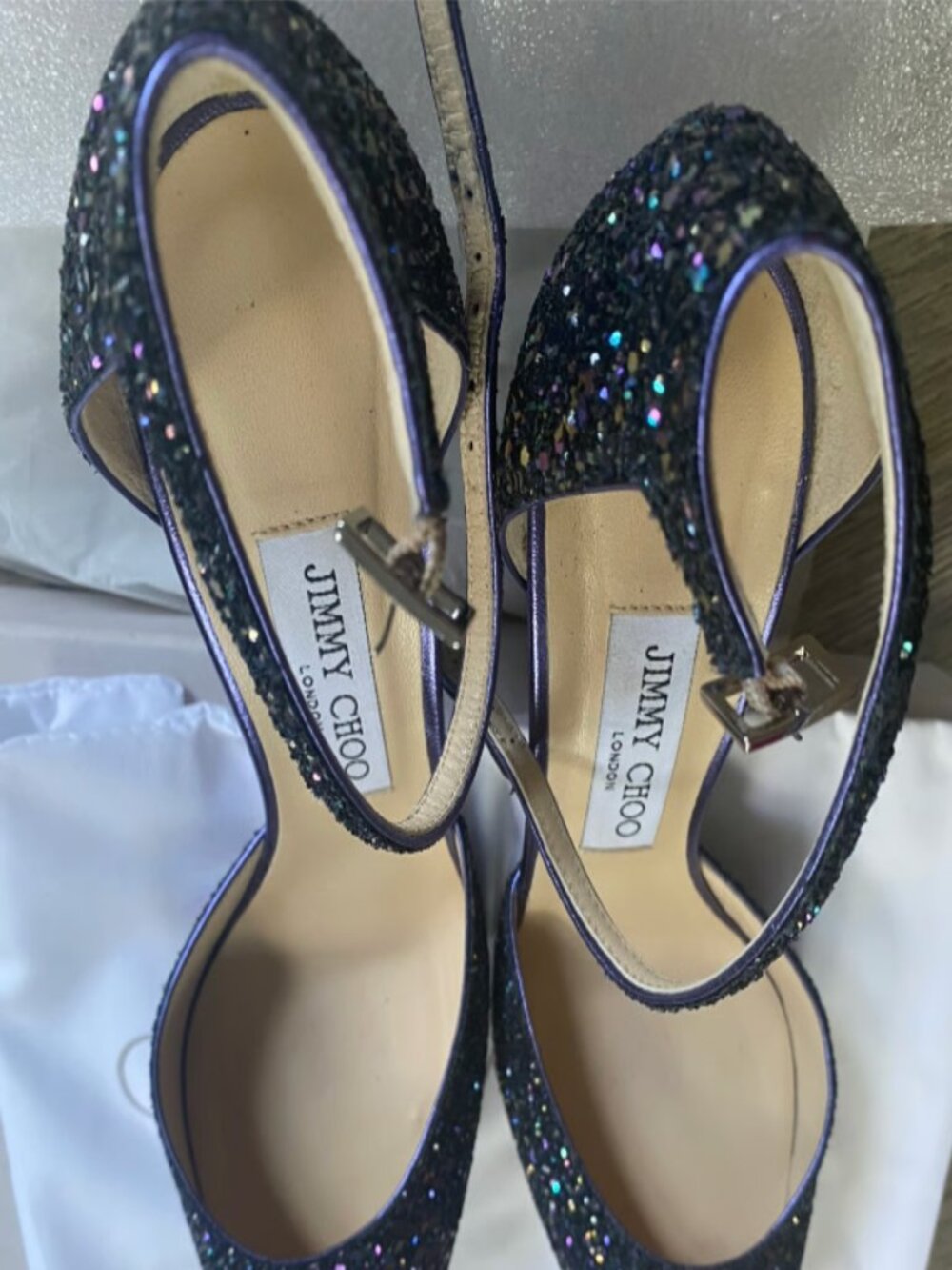 Jimmy Choo Mabel 95 Petrol Glitter Block Heel Size 38.5